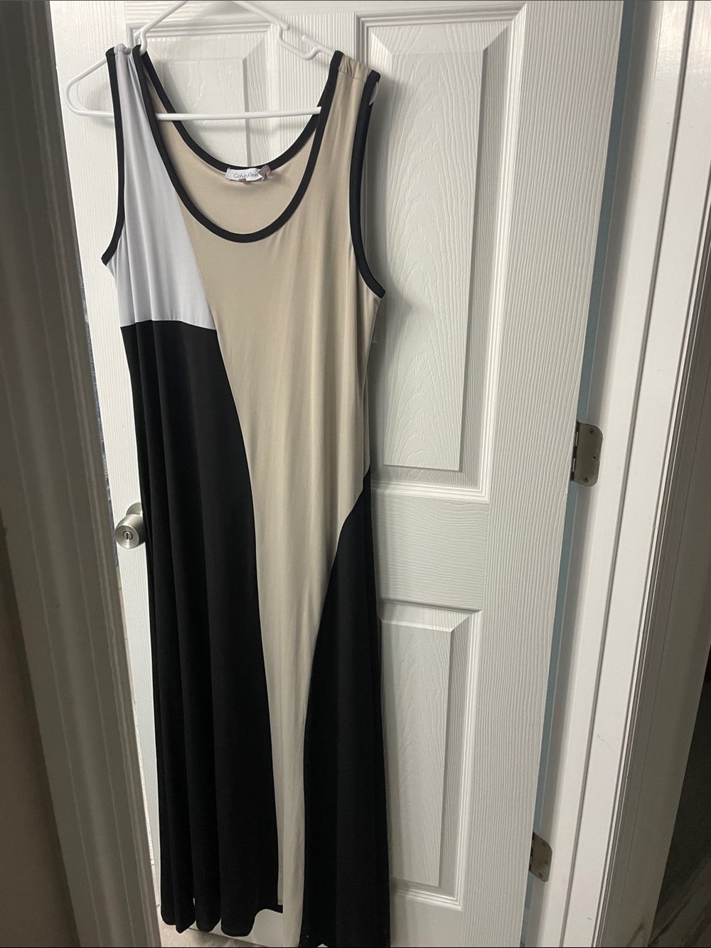 Calvin Klein Colorblock Sleeveless Maxi Dress in Black, Cream and White